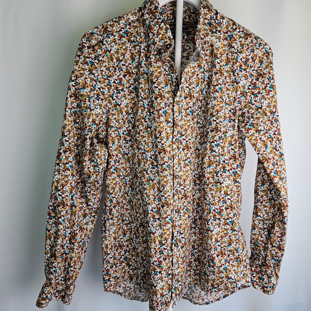 Paisley & Gray Mens Slim Fit Floral Button Down Shirt Brown Blue M 16 Long Slv